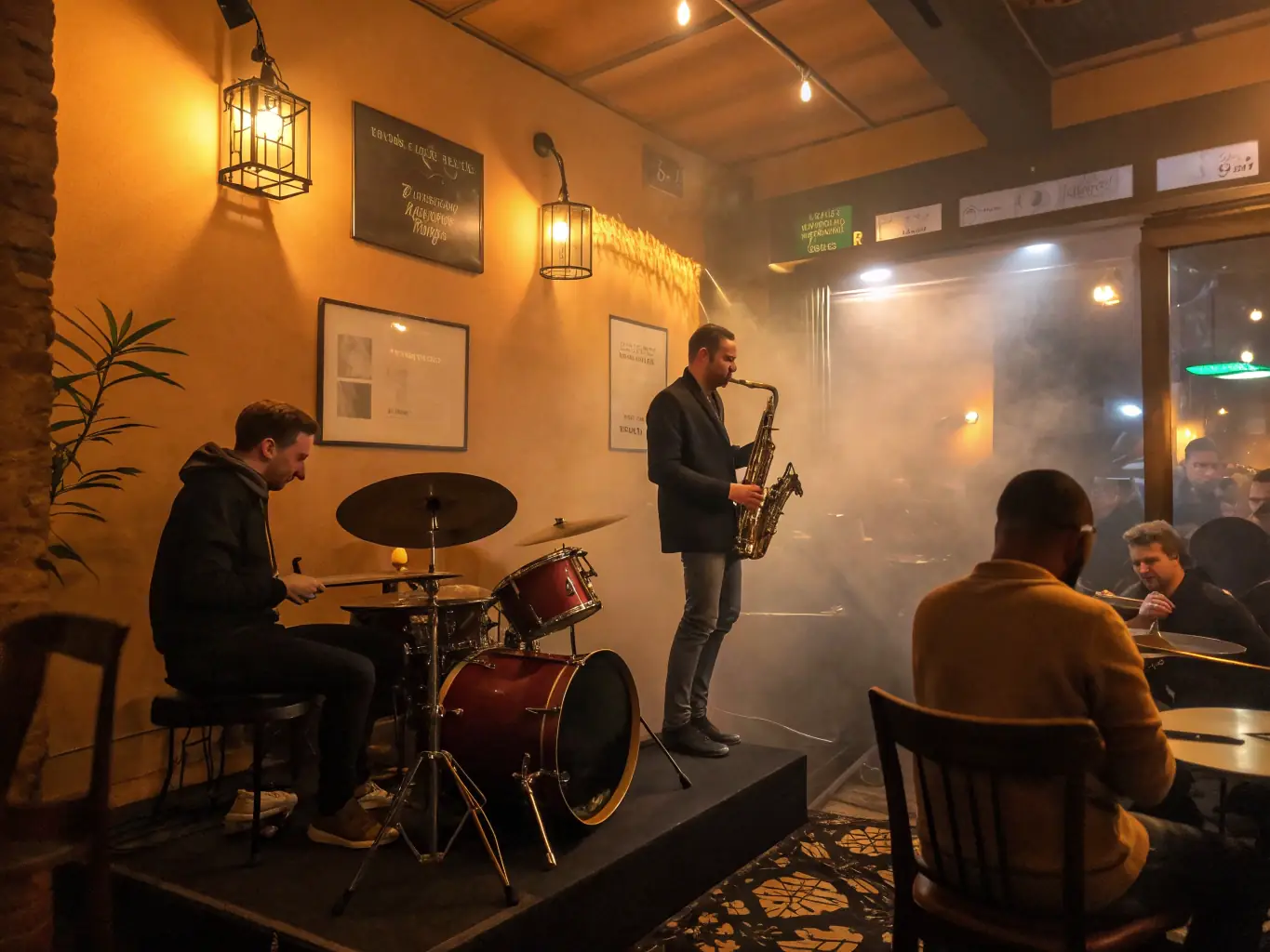 A photograph capturing a live jazz performance in a cozy bistro setting, with musicians passionately playing their instruments and an engaged audience enjoying the music.