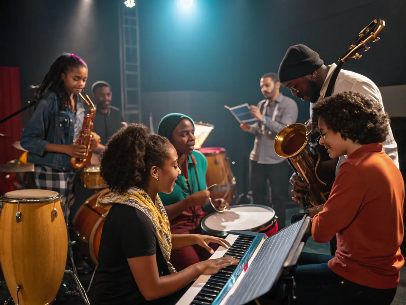 A dynamic image of a jazz workshop in progress, showing musicians teaching students various jazz techniques and musical concepts.