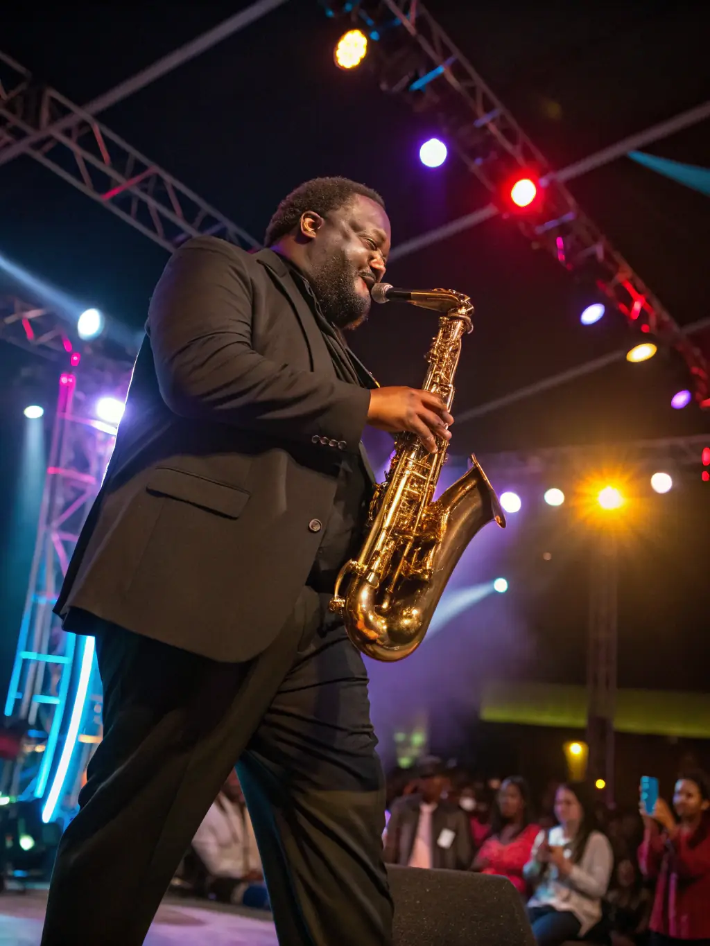 A vibrant photograph capturing a live jazz performance at a local bistro in Dijon, showcasing a saxophone player in action, with a lively audience enjoying the music.