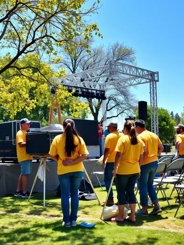 A photo of volunteers setting up for an outdoor jazz concert in a public park, with families and community members gathering to enjoy the free music.